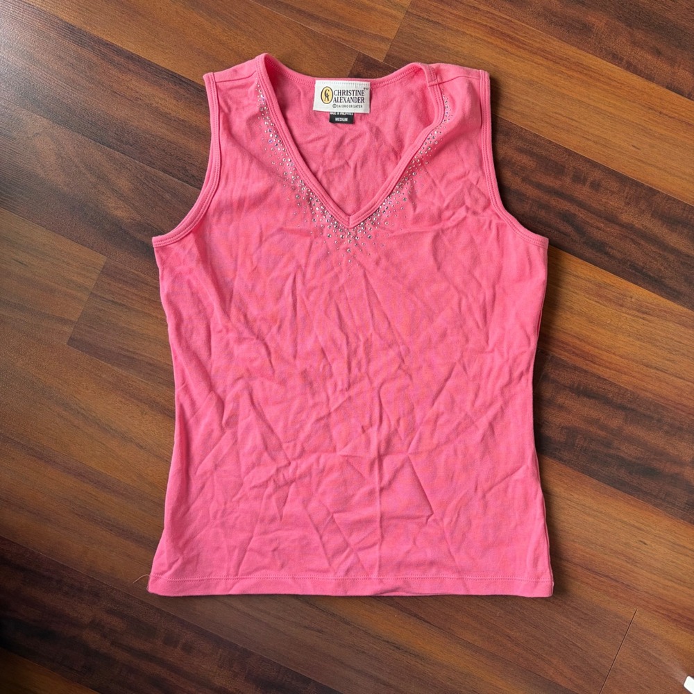 Christine Alexander Pink Rhinestone V Neck Tank Top Women's Medium Sparkly